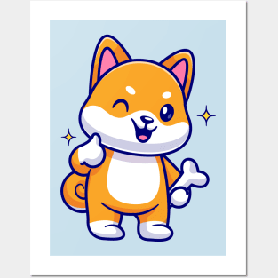 Cute Shiba Inu Holding Bone With Thumb Up Cartoon Posters and Art